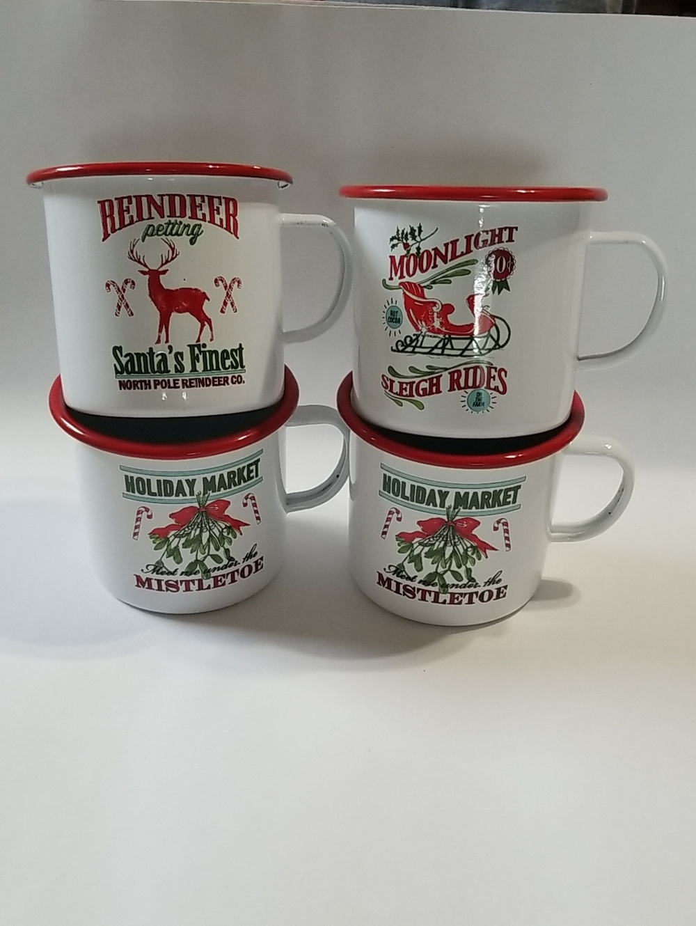 Enamel Christmas Winter Time Coffee Hot Chocolate Handled Mugs Cups White